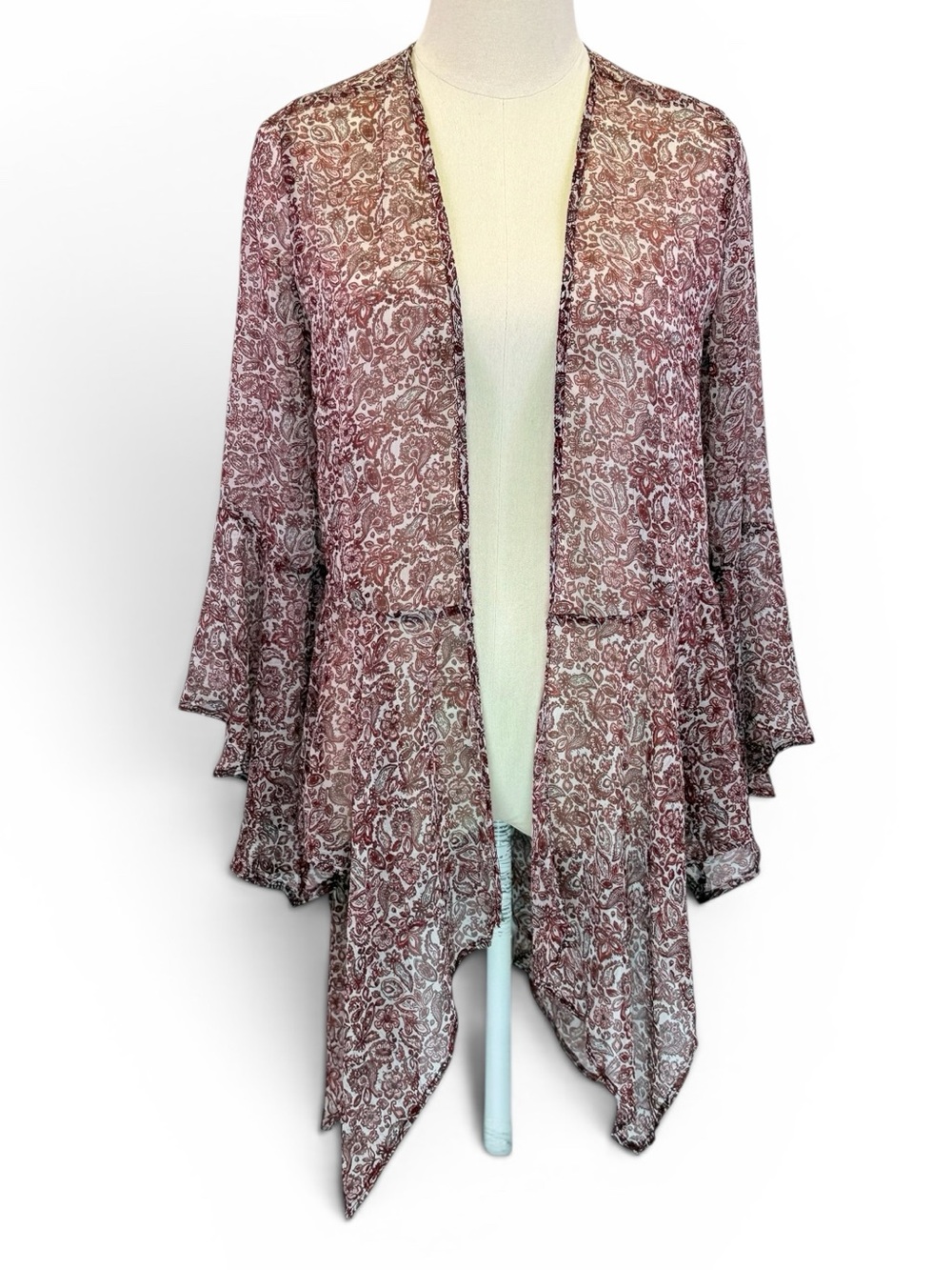 Hollister Women's Red Floral Sheer Open Cardigan Bell Sleeves Size Small